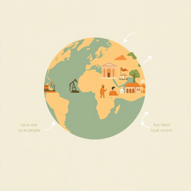 A professional illustration for a corporate presentation featuring a globe as the central symbol