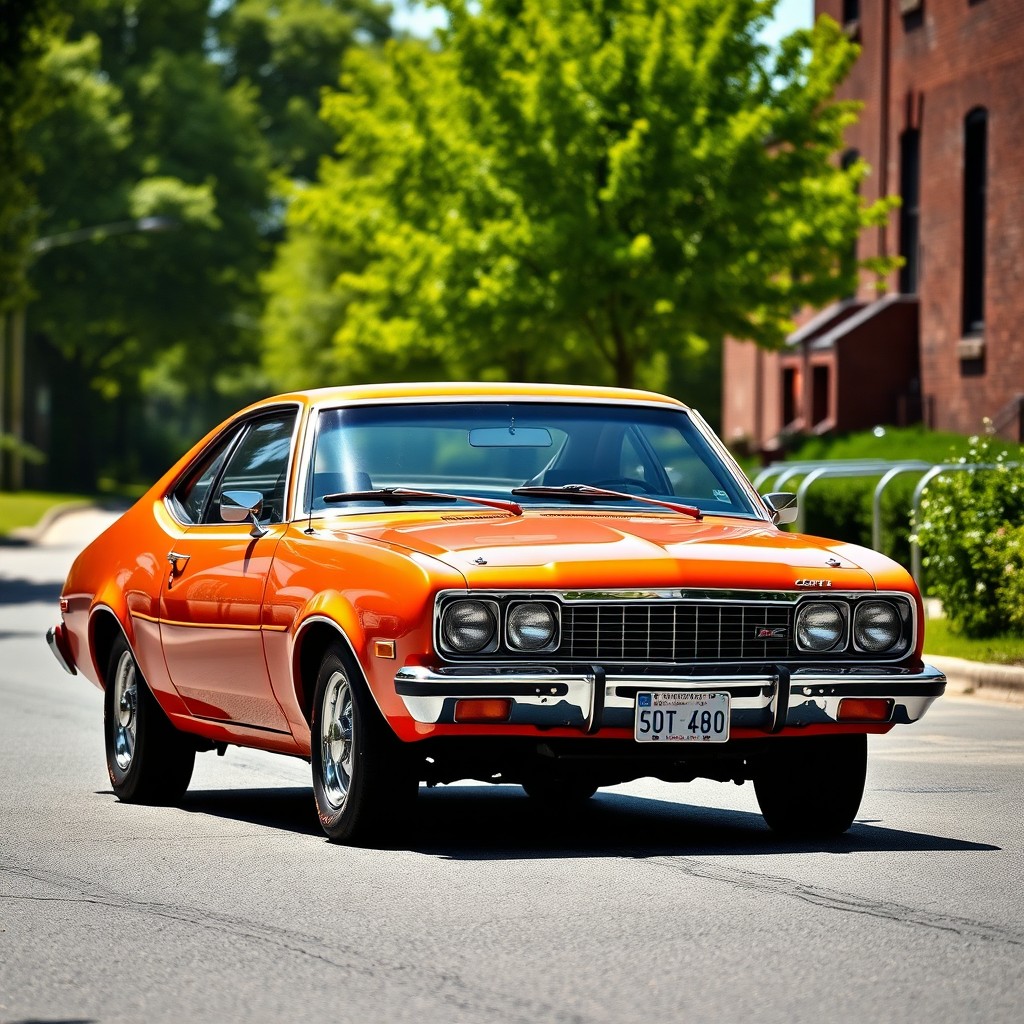 A vintage 1970s Corcel car, showcasing its sleek design and iconic features, parked on a picturesque street