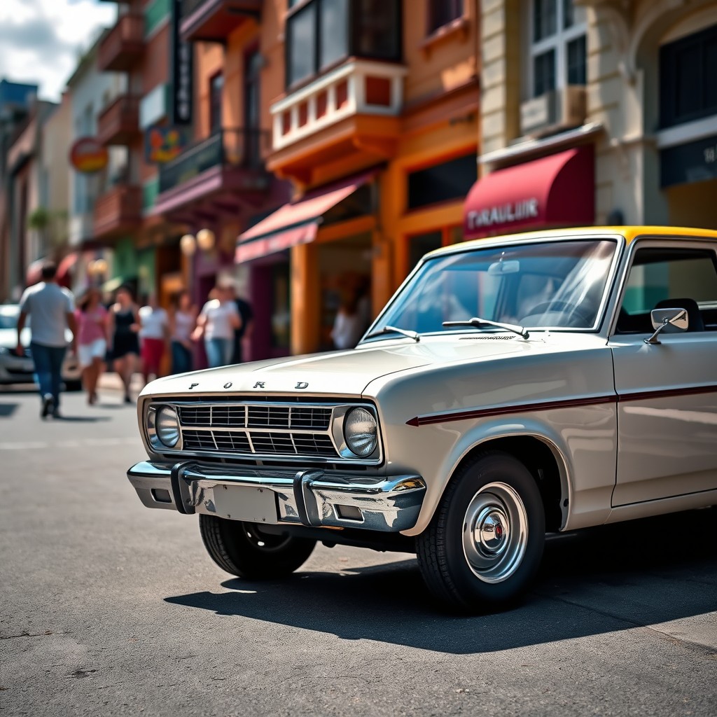 A vintage Ford Corcel 1 parked in an urban environment, with the cityscape in the background