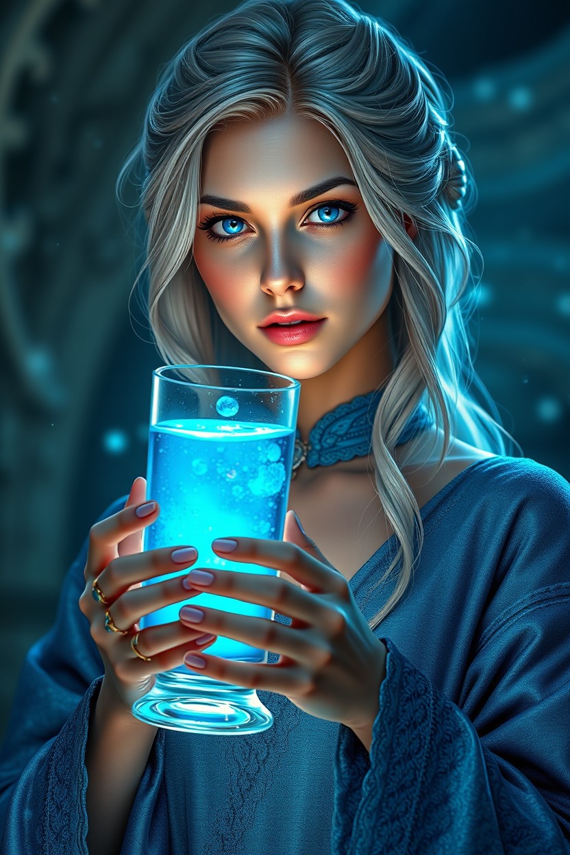 A fantasy-style female healer with striking bright blue eyes, similar face shape and hair as in the first image