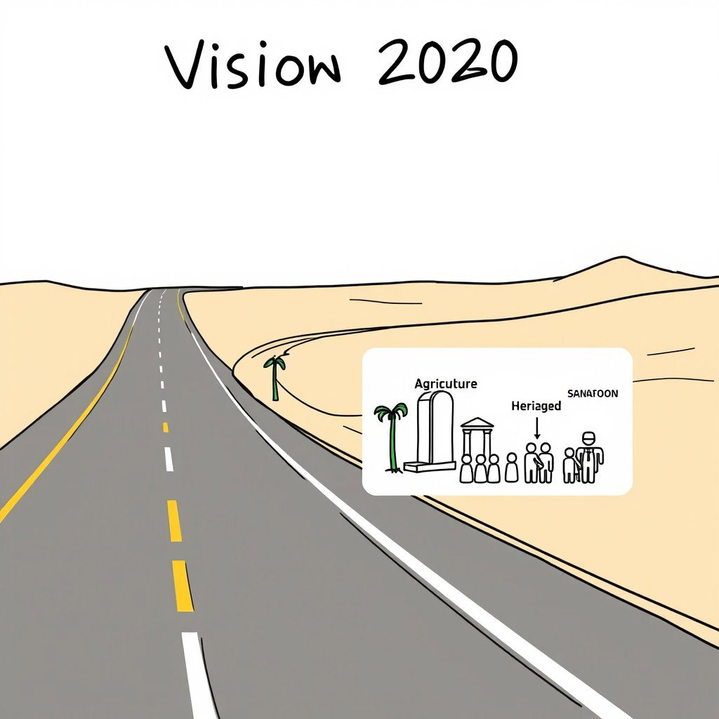 A professional doodle-style illustration for a corporate presentation featuring a simple highway drawn in clean sketch lines, symbolizing Vision 2030 as the main national road
