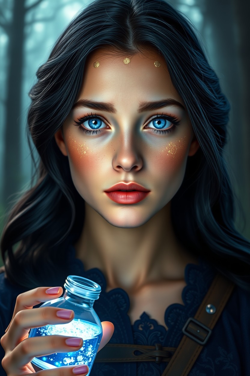 Ultra-detailed, hyper-realistic portrait of a young woman with glowing blue eyes featuring golden details in the center of the iris, deep and captivating gaze