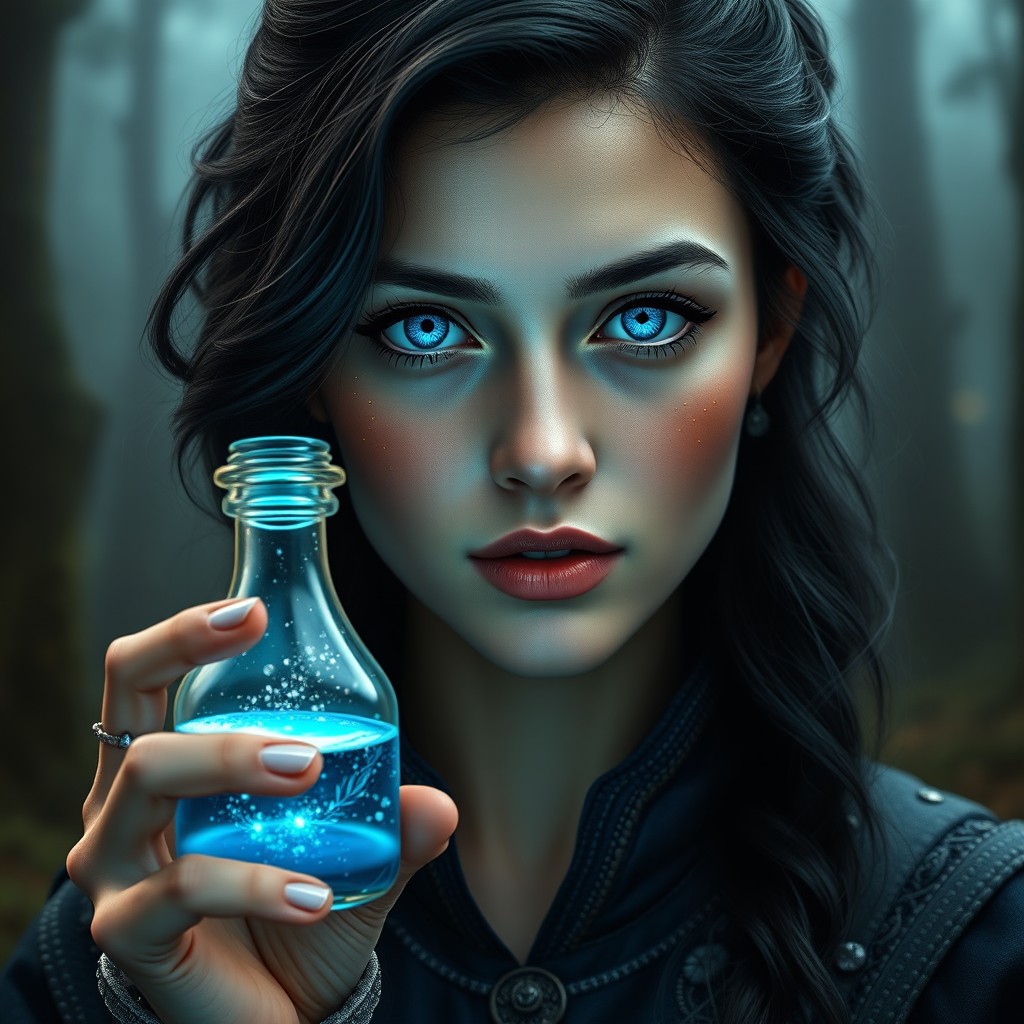 A hyper-realistic and ultra-detailed portrait of a young woman with facial features identical to the reference: intense blue eyes with golden details in the center of the iris, a deep and captivating gaze, clear and smooth skin with luminous golden freckles spread across her face, natural, symmetrical, and delicate lips