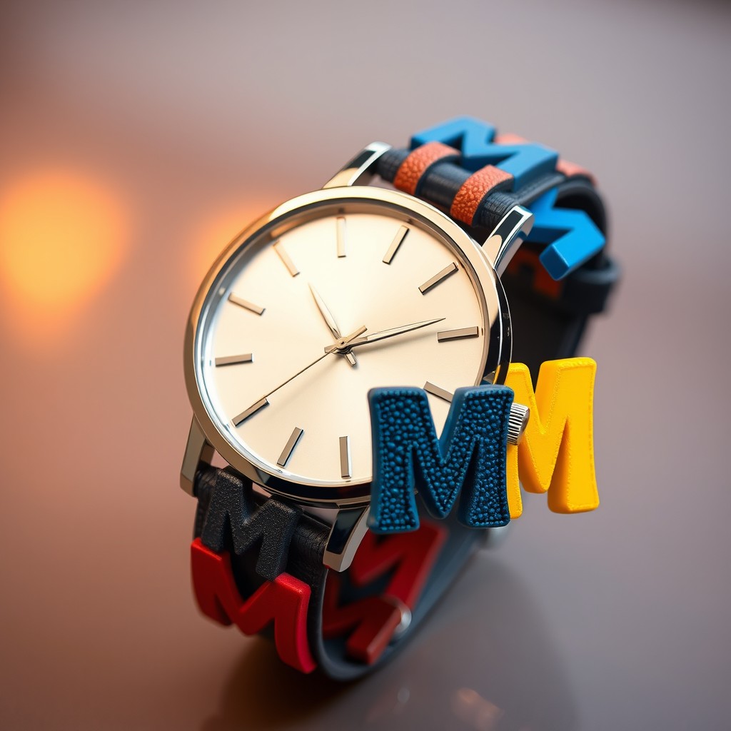 A stylish watch featuring a unique strap design made of the letters 'M' and 'M', intertwined and artistically arranged