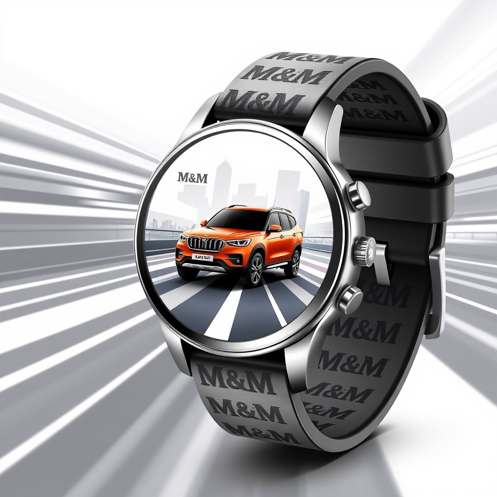 A premium smartwatch design featuring a stylish strap elegantly embossed with the letters 'M & M' printed repeatedly along its length in a sophisticated font