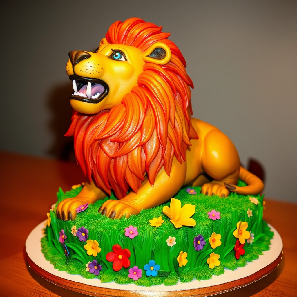 A stunning cake sculpture designed as a majestic lion, intricately decorated with vivid colors and realistic textures