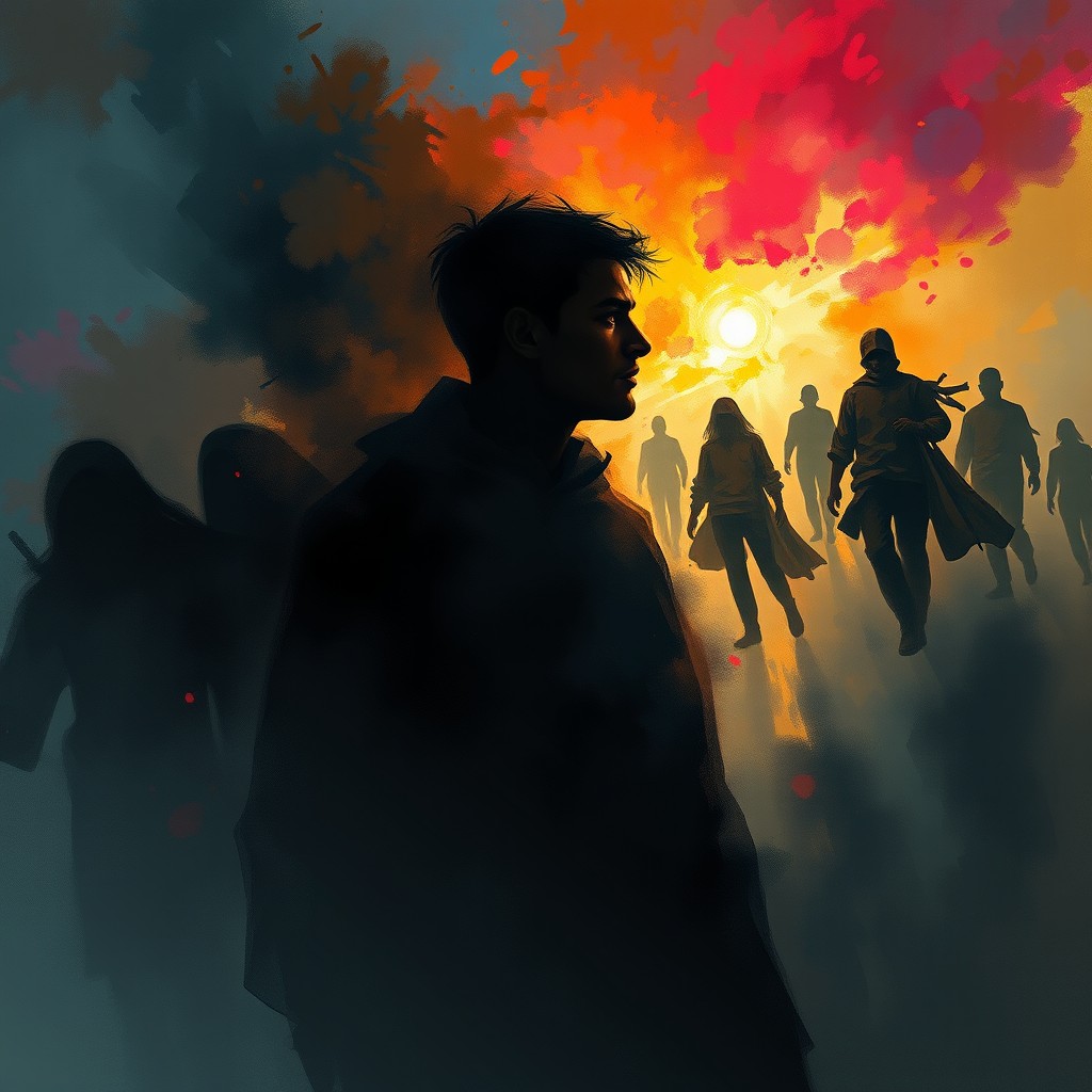 An abstract digital painting of a man character blending into a shadowy representation of humanity