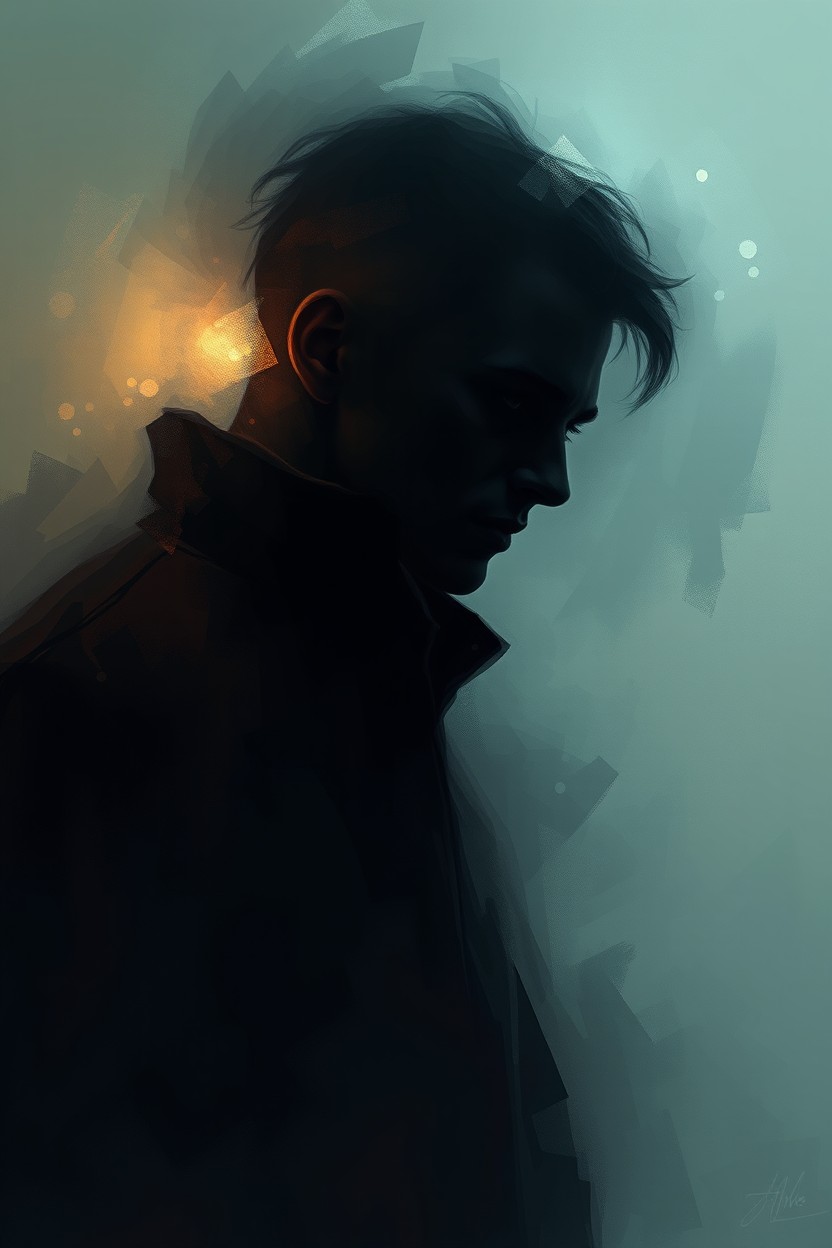 A captivating abstract digital painting featuring a mysterious male figure portrayed in shadows, embodying the essence of humanity