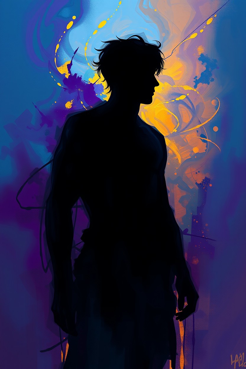 An abstract digital painting featuring a silhouetted male character that represents the essence of humanity
