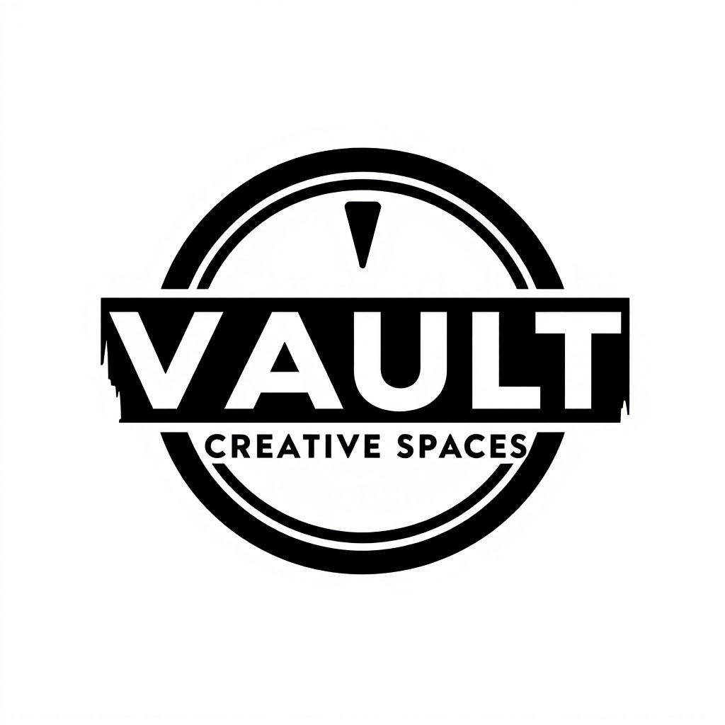 Logo design for "VAULT Creative Spaces" emphasizing the word "Vault" in a bold and creative style