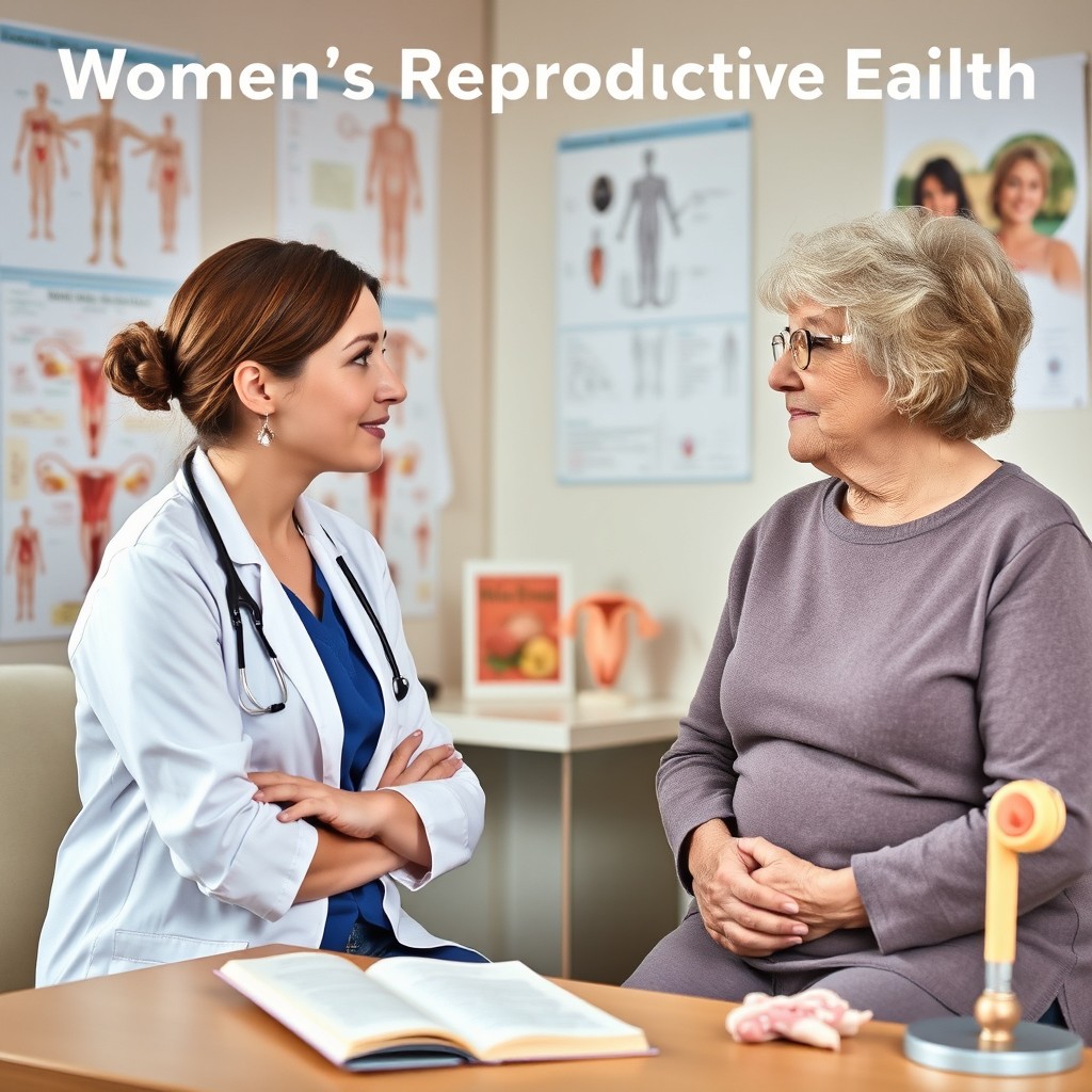 A visually educational piece focusing on women's reproductive health, featuring a young woman and an older woman in a professional, caring environment