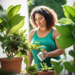 A voluptuous neighbour attentively watering a variety of vibrant houseplants in her sunlit garden.