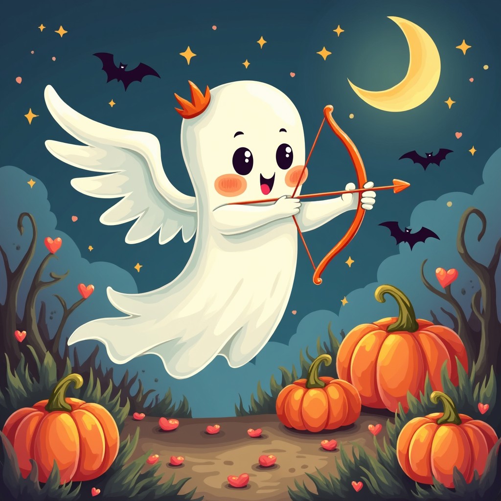 A whimsical illustration of a ghost resembling Cupid, set in a Halloween theme