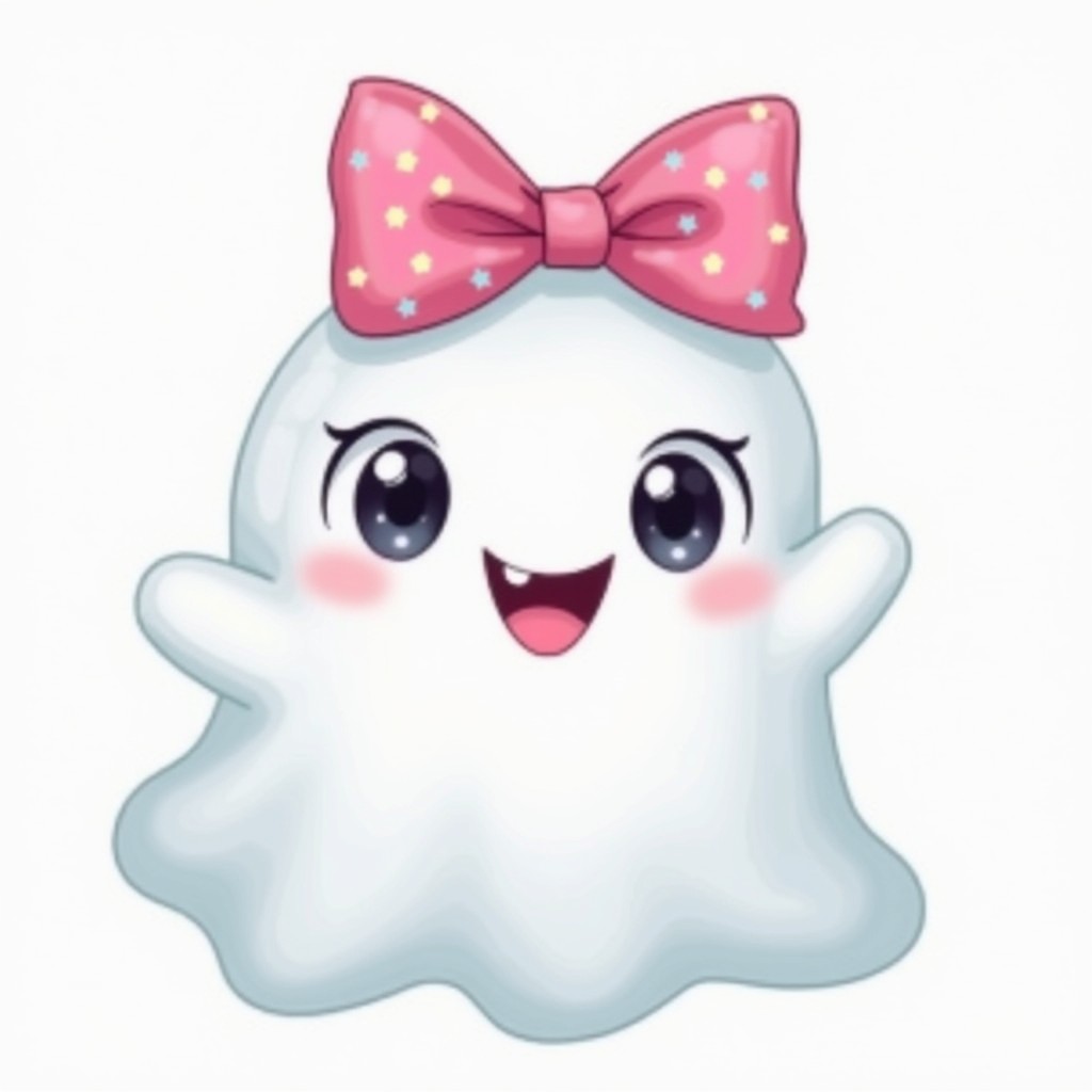 A cute ghost emoji wearing a colorful bow on its head