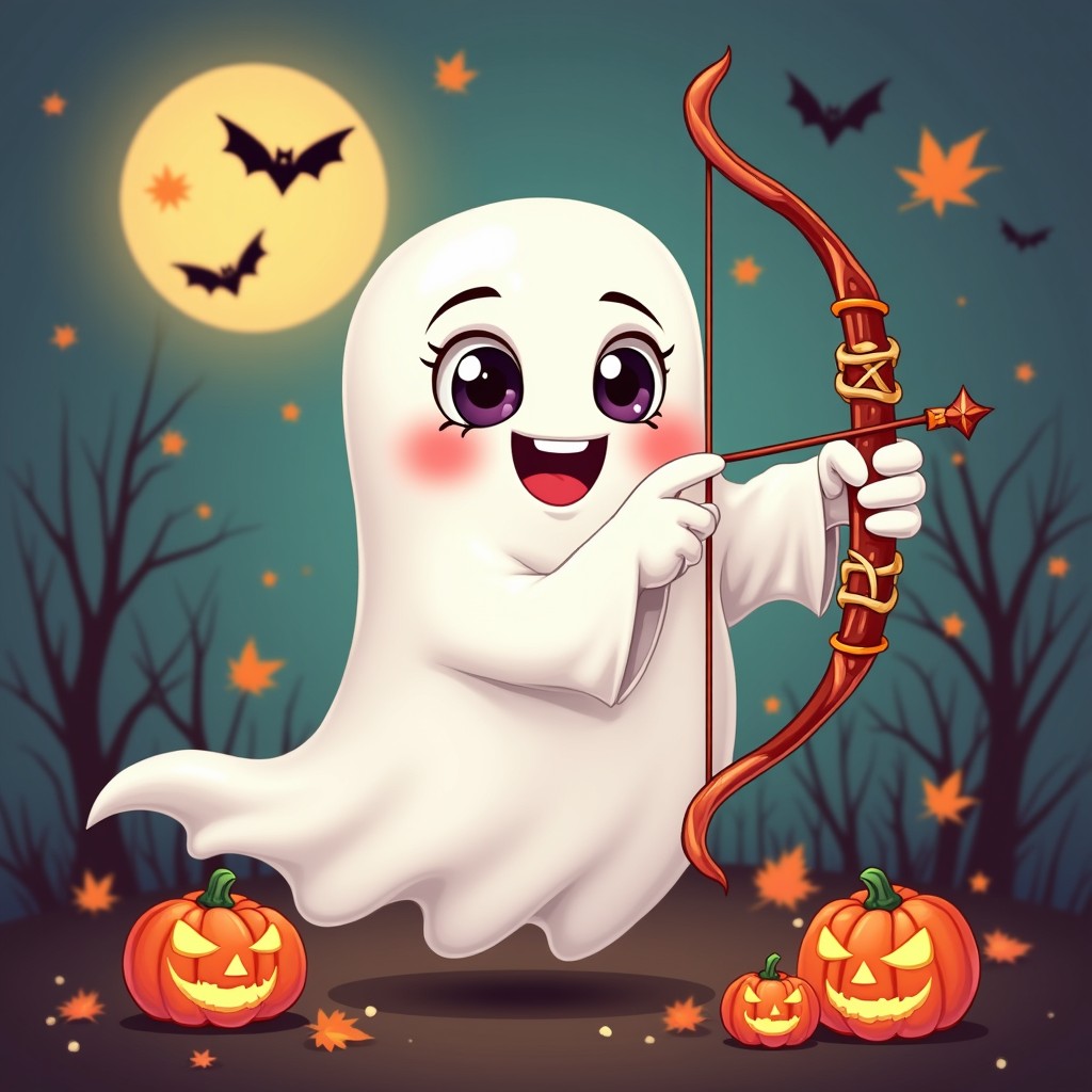 An emoji-style illustration of a playful ghost holding an archer's bow, set against a Halloween-themed background