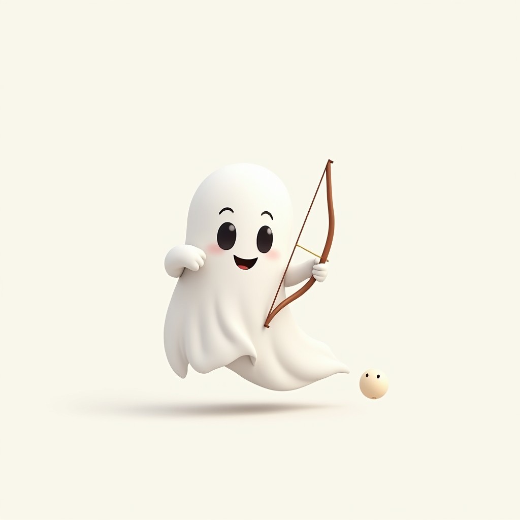 A minimalistic 2D emoji-style illustration of a playful ghost character holding an archer's bow