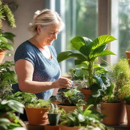 A voluptuous neighbour attentively watering a variety of vibrant houseplants in her sunlit garden.