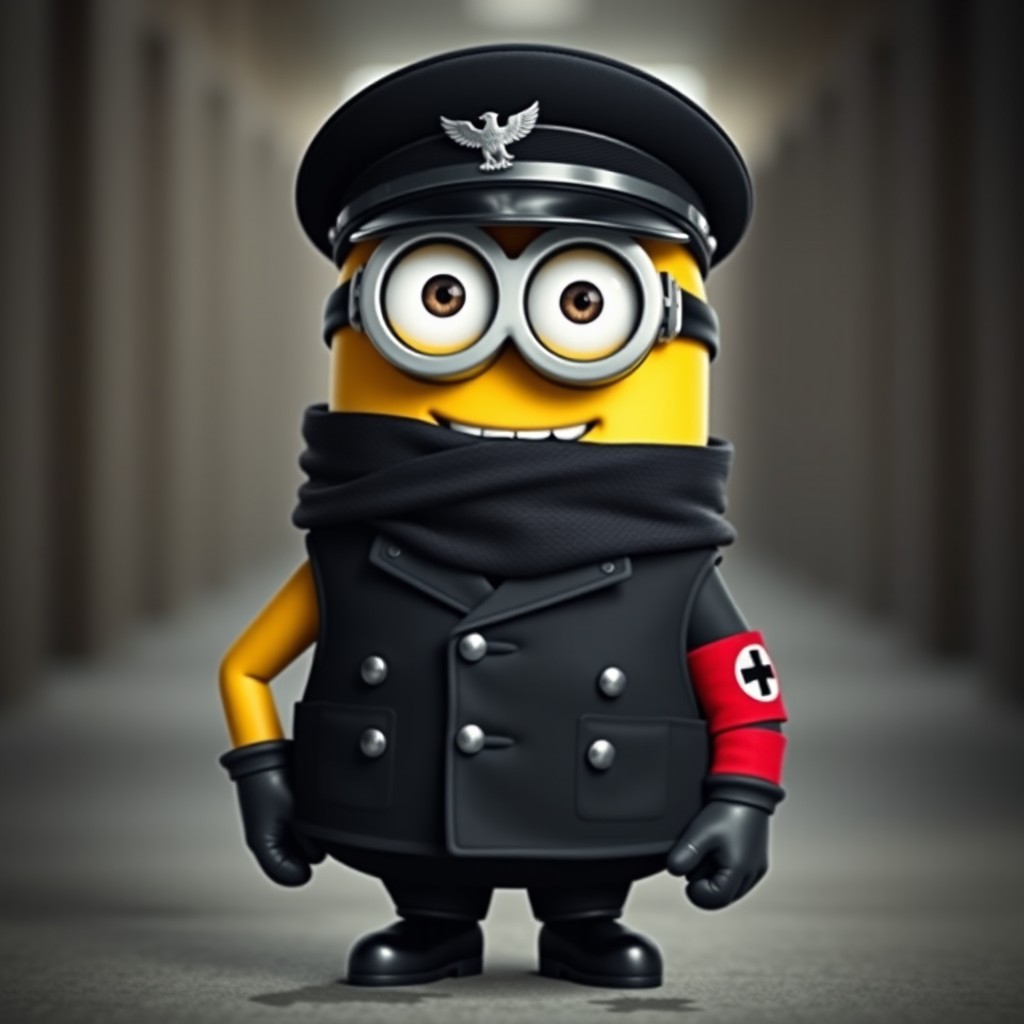 A Minion character wearing a sleek black Hugo Boss military uniform, complete with an eagle emblem on the cap