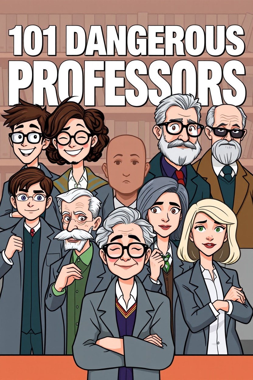 A stylized illustration depicting '101 Dangerous Professors', featuring a group of diverse scholars
