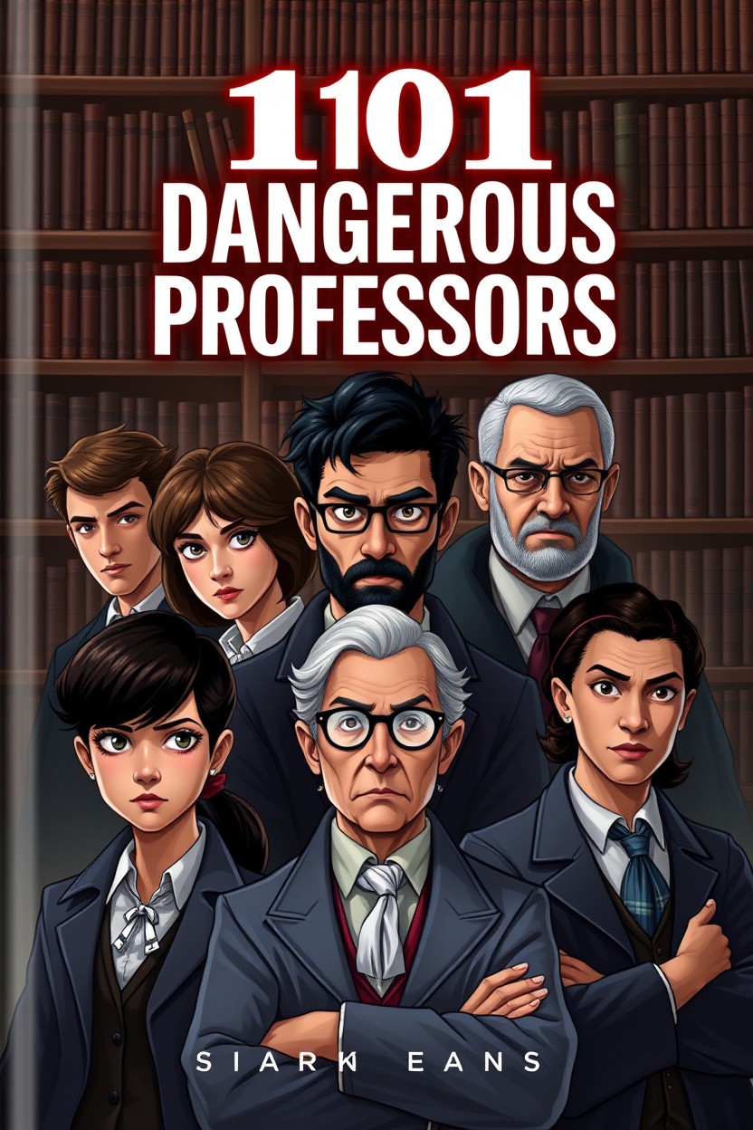 A book cover design for "101 Dangerous Professors", featuring three young and four older professors, both male and female, all with realistic faces showcasing diverse ethnicities