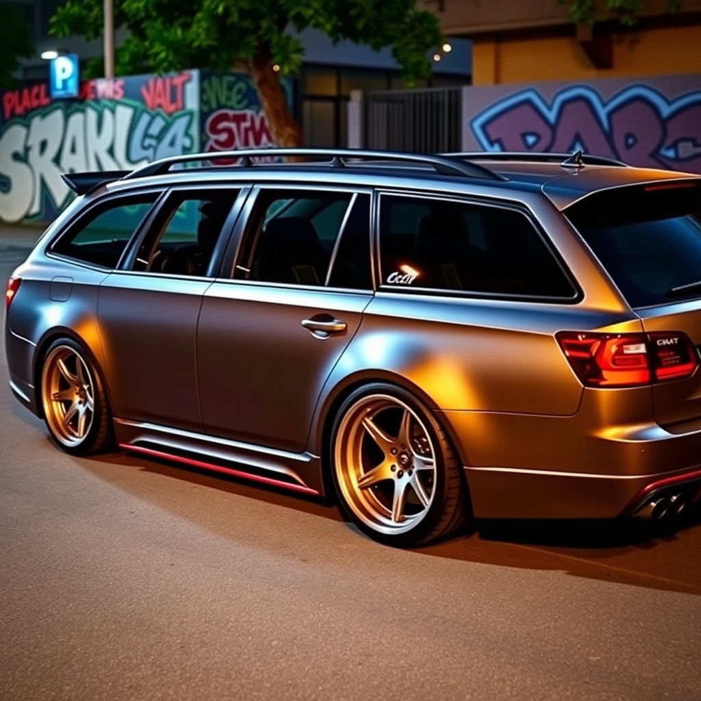 A customized station wagon parked in an urban setting, showcasing its sleek modifications