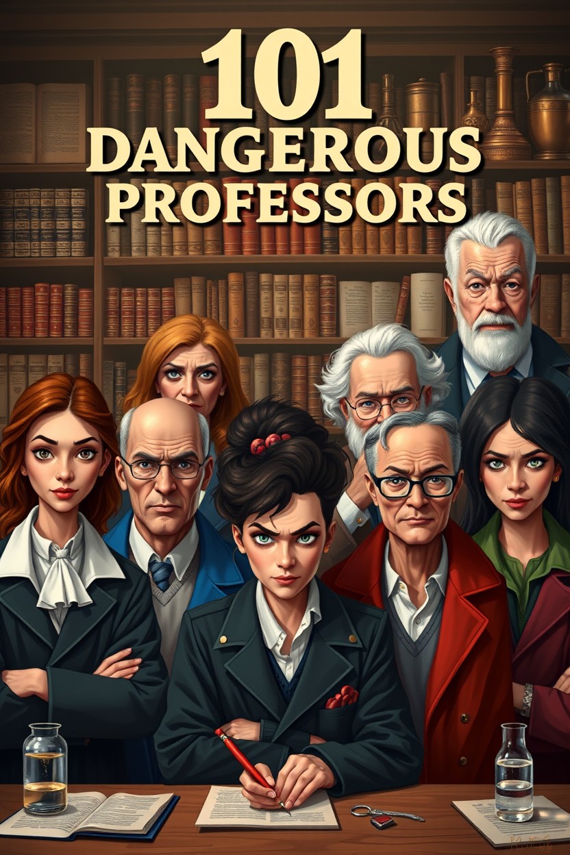 A detailed representation of '101 Dangerous Professors', featuring three young male and female professors and four older male and female professors in an academic setting