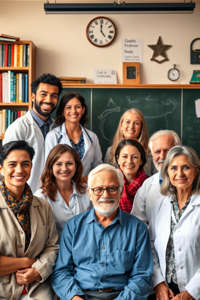 A group of eight individuals showcasing a diverse range of young and old male and female professors, set in an academic environment