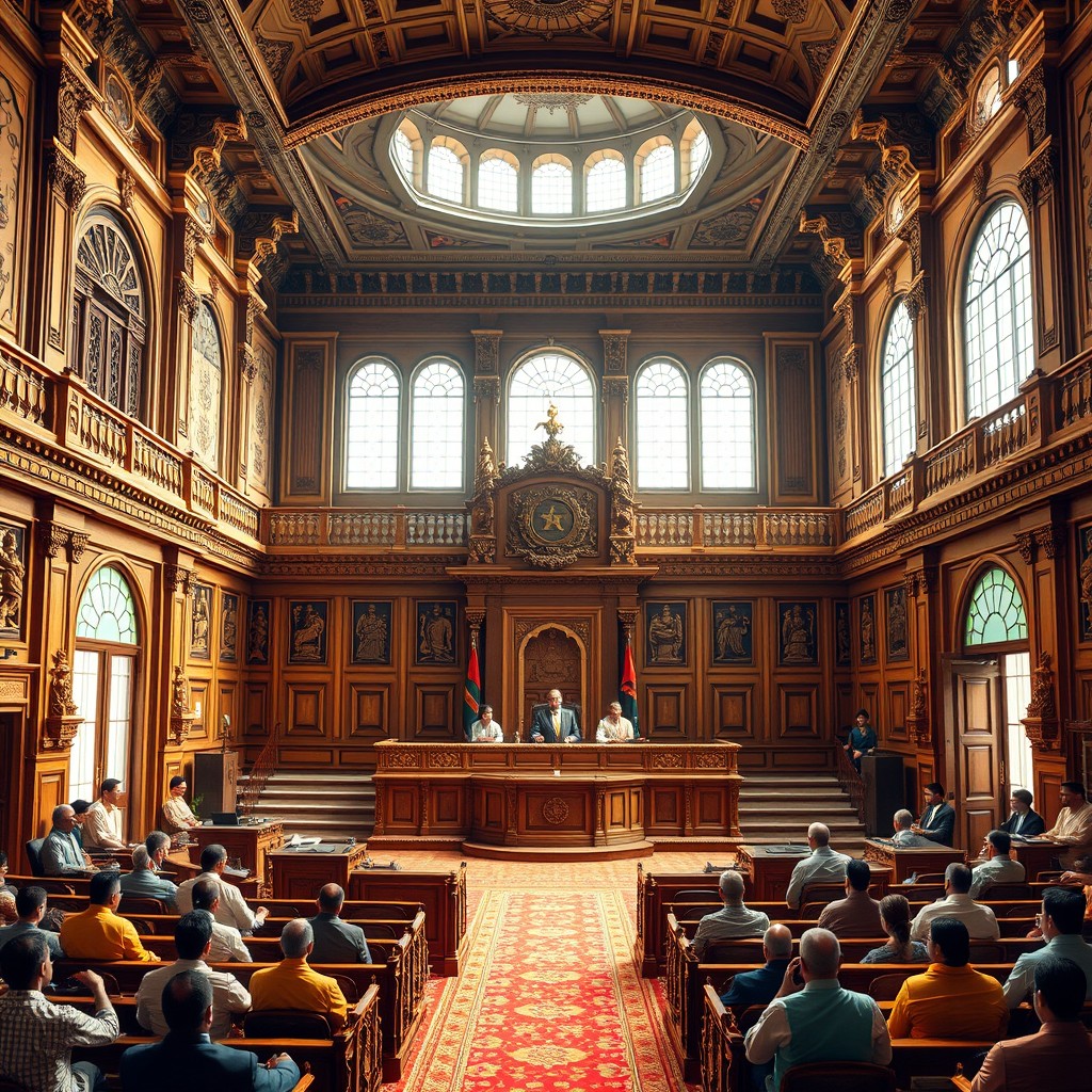 A majestic Indian court scene, showcasing an ornate courtroom filled with intricately carved wooden panels, high vaulted ceilings, and large windows allowing natural light to stream in