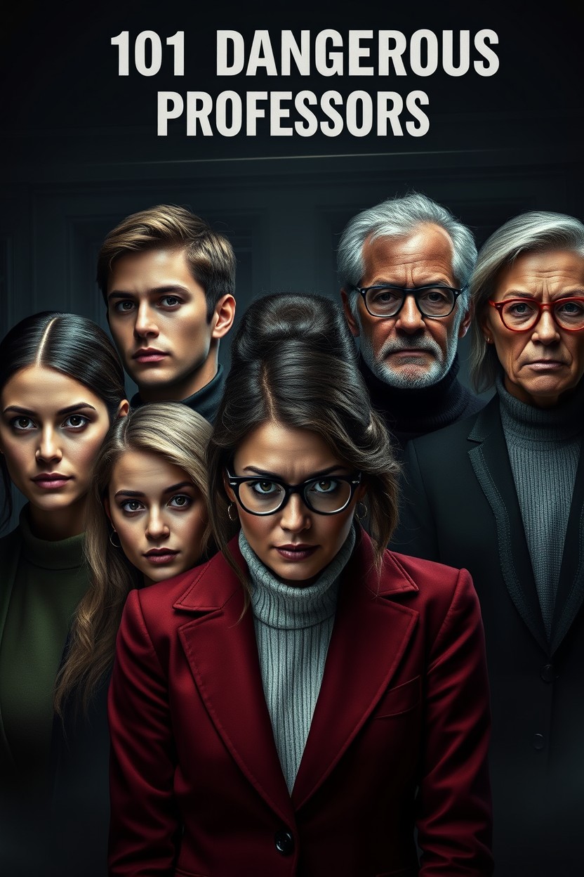 A realistic and dramatic portrayal inspired by the theme "101 Dangerous Professors" featuring a diverse group of seven individuals