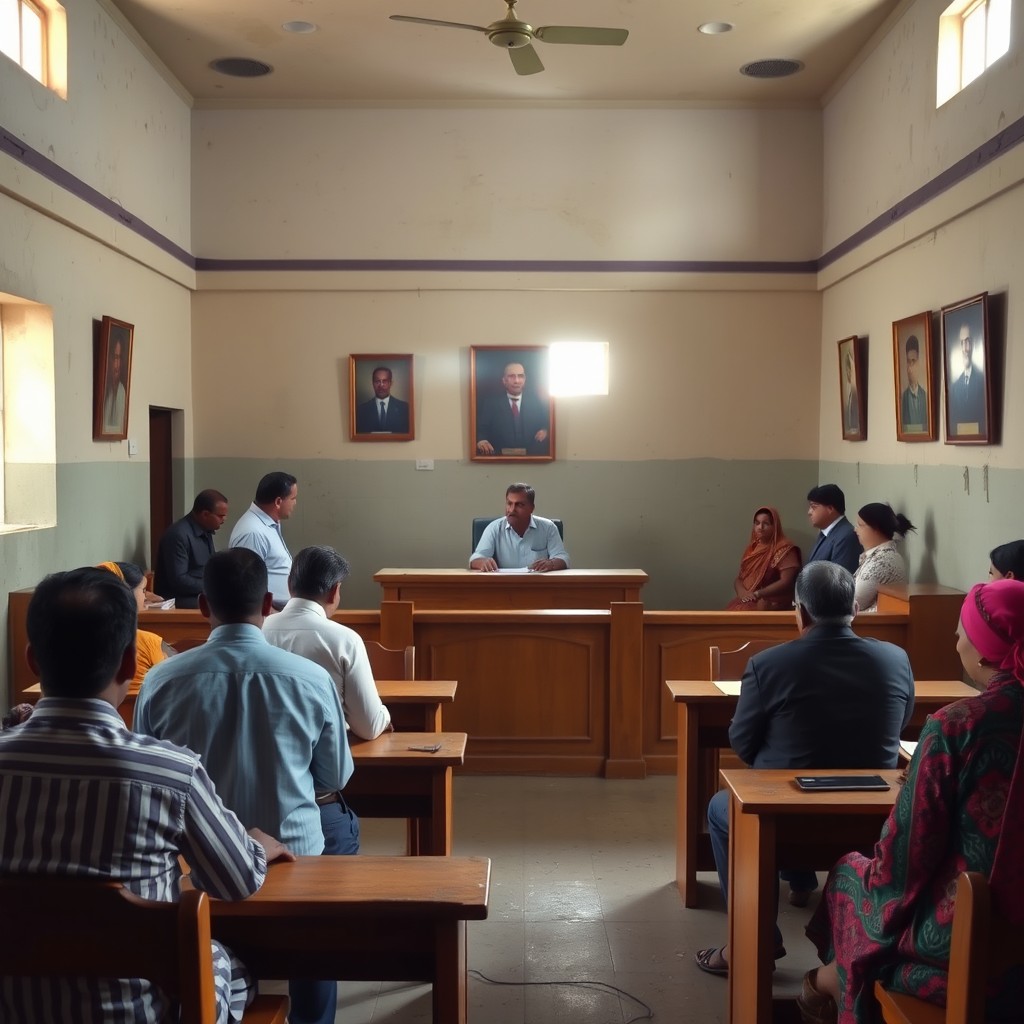 An Indian lower court scene, capturing the essence of a bustling courtroom with a modest yet functional design