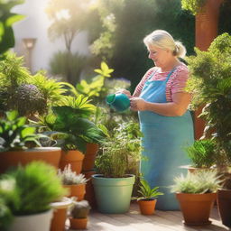 A voluptuous neighbour attentively watering a variety of vibrant houseplants in her sunlit garden.