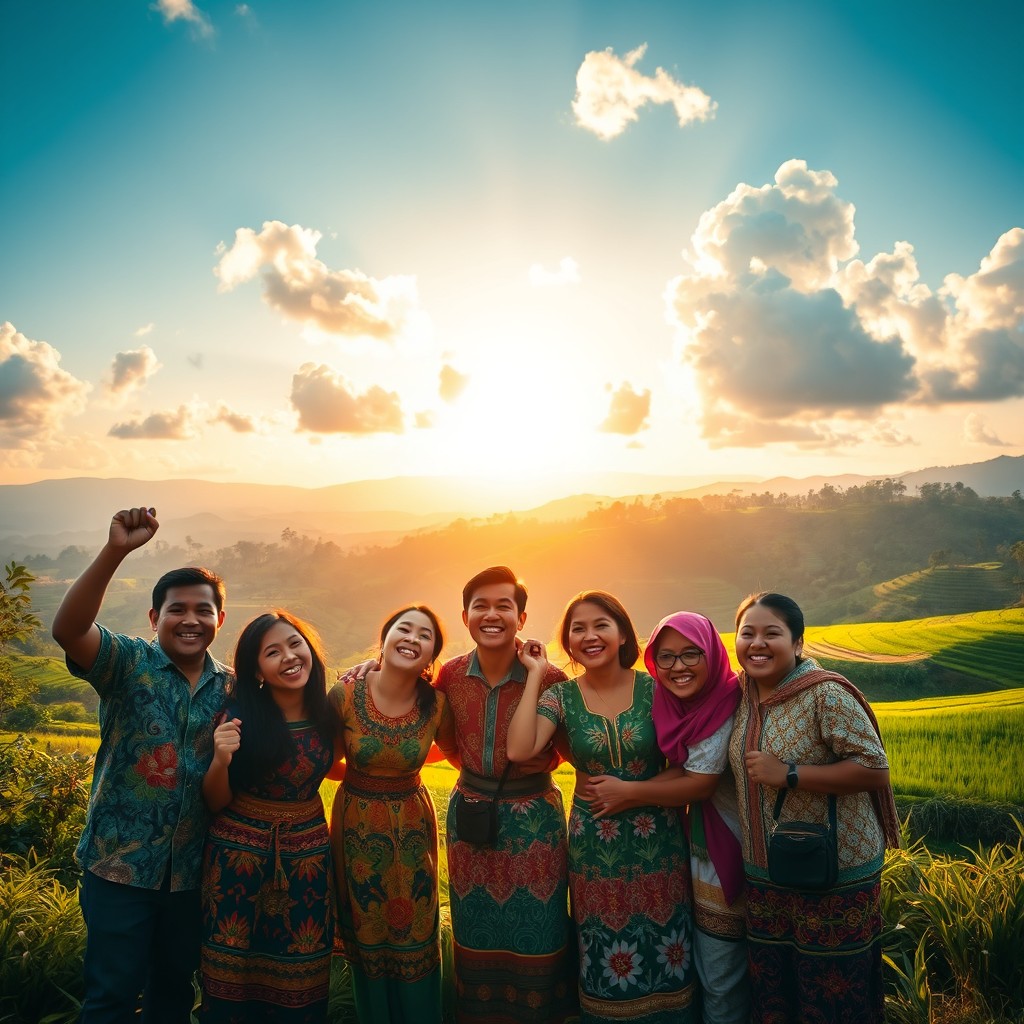 A vibrant and heartwarming scene depicting a majestic landscape of Indonesia, showcasing the rich culture and natural beauty