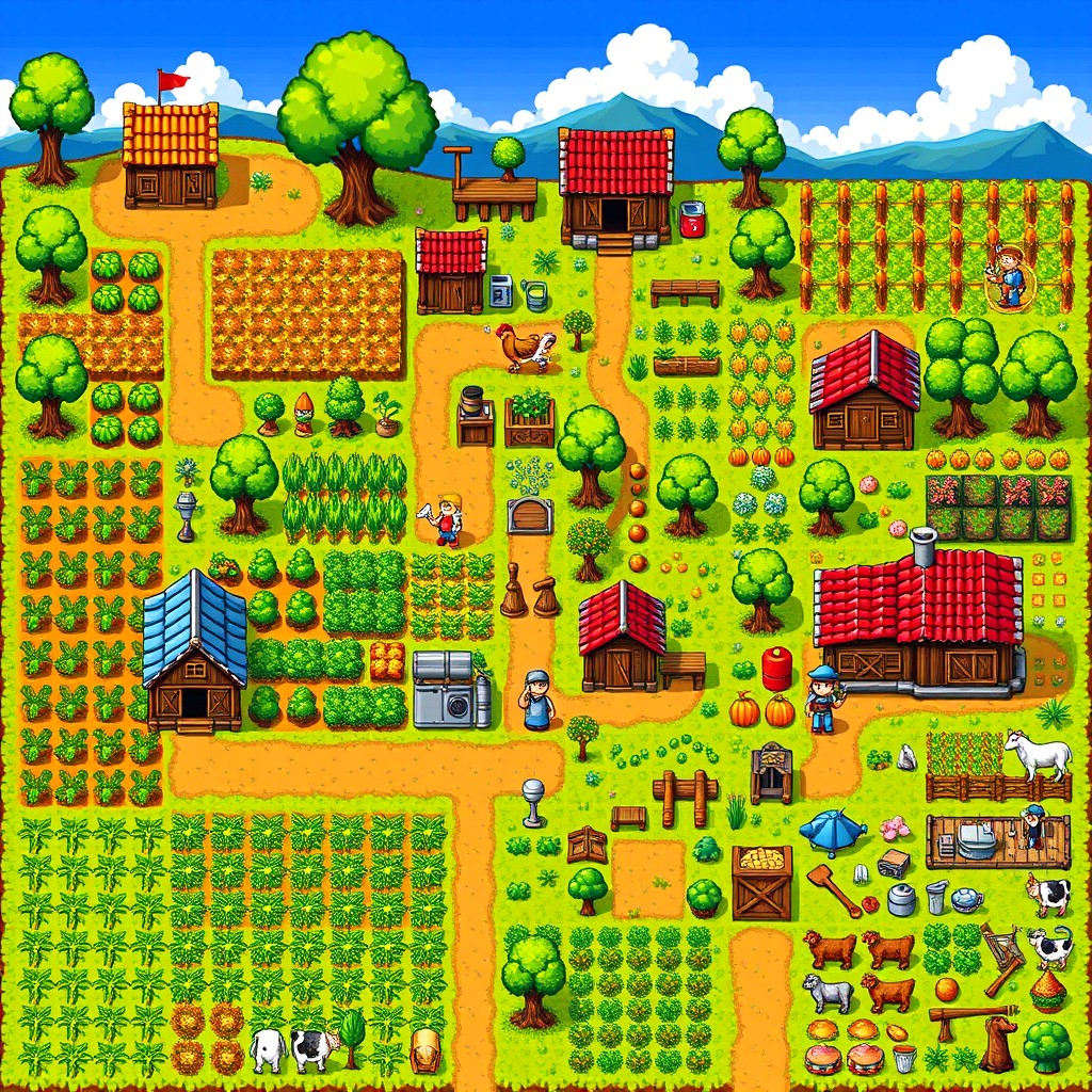 A vibrant and detailed pixel art tileset inspired by Stardew Valley, showcasing various elements like lush farm fields, cozy cottages, bountiful orchards, and colorful characters engaging in farming activities