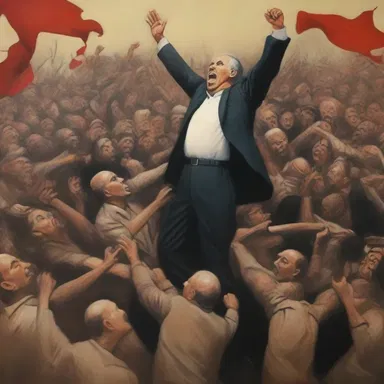In the artwork titled 'The Fall of a Tyrant', the artist depicts the citizens rising up to depose their oppressive leader from his position.