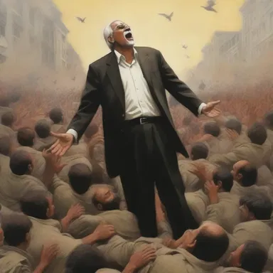 In the artwork titled 'The Fall of a Tyrant', the artist depicts the citizens rising up to depose their oppressive leader from his position.