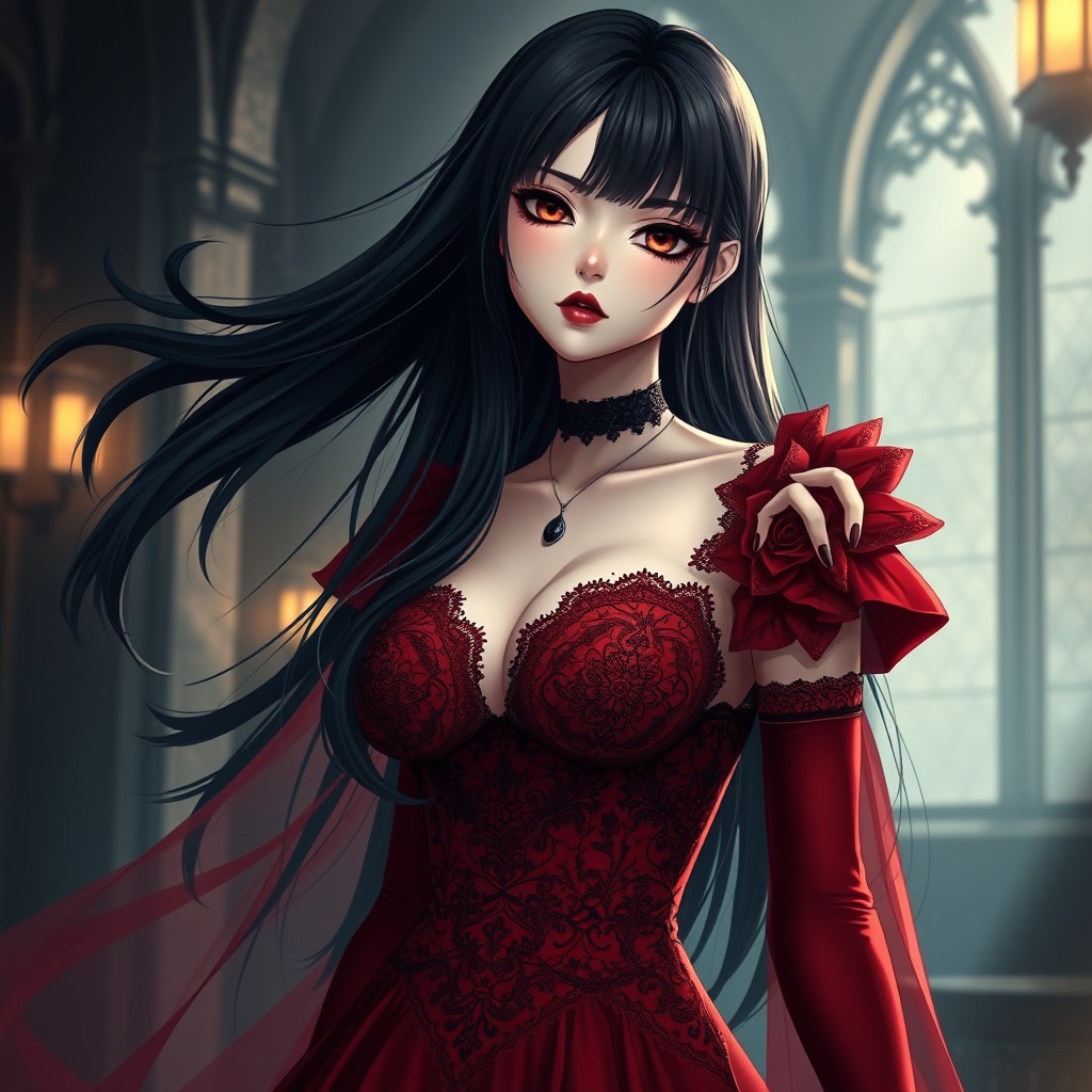 A hot anime semi-realistic goth girl wearing an elegant red dress, with intricate lace details