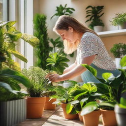 A voluptuous neighbour attentively watering a variety of vibrant houseplants in her sunlit garden.