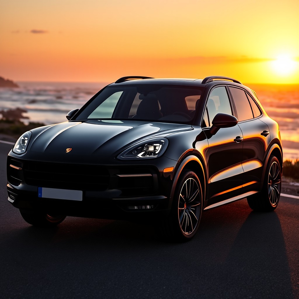 A stunning black 2025 Porsche Cayenne captured from a lateral front view, showcasing its sleek and powerful design