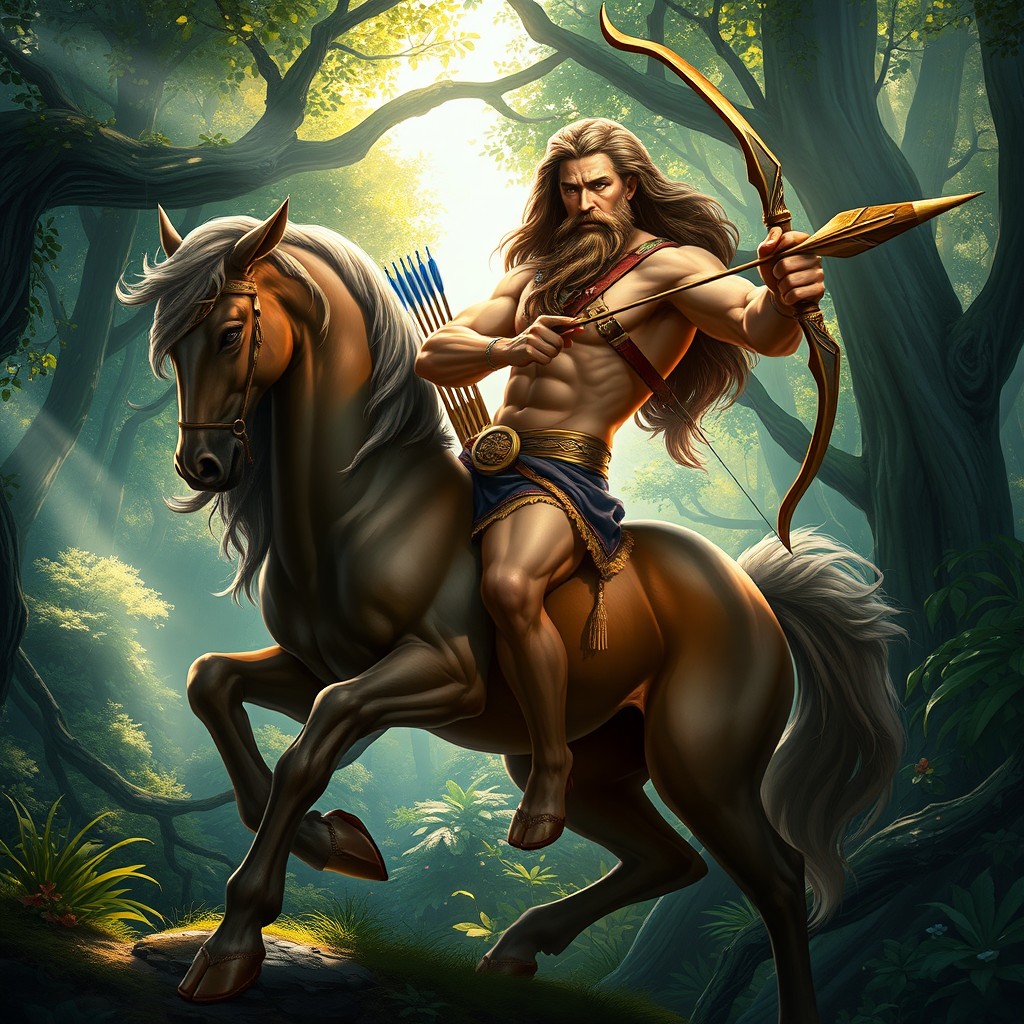 A majestic centaur named Chiron, depicted as a powerful mythical archer, poised in a lush enchanted forest