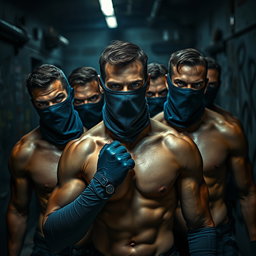A gripping scene showcasing a group of male thieves featuring striking blue eyes, all shirtless to display their muscular physiques