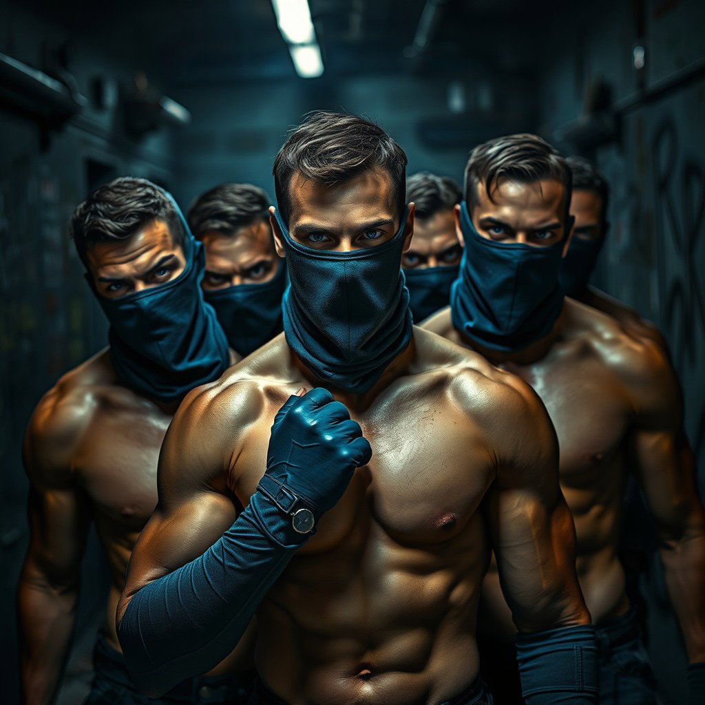 A gripping scene showcasing a group of male thieves featuring striking blue eyes, all shirtless to display their muscular physiques