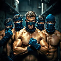 A gripping scene showcasing a group of male thieves featuring striking blue eyes, all shirtless to display their muscular physiques