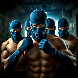 A gripping scene showcasing a group of male thieves featuring striking blue eyes, all shirtless to display their muscular physiques