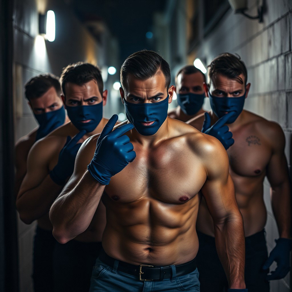 Un grupo de ladrones, hombres robustos con ojos azules brillantes, todos sin camiseta, mostrando una actitud desafiante y decidida