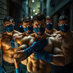 Un grupo de ladrones, hombres robustos con ojos azules brillantes, todos sin camiseta, mostrando una actitud desafiante y decidida