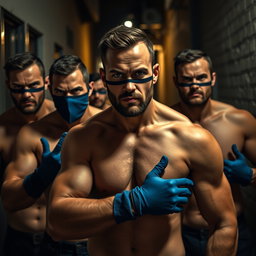 Un grupo de ladrones, hombres robustos con ojos azules brillantes, todos sin camiseta, mostrando una actitud desafiante y decidida