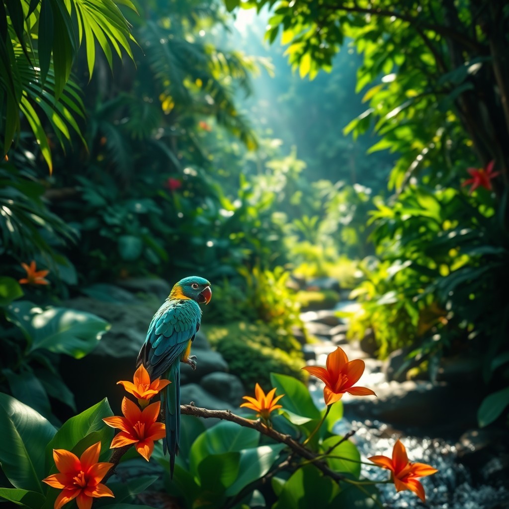 A lush, vibrant jungle scene, with sunlight filtering through the leaves, creating a serene atmosphere