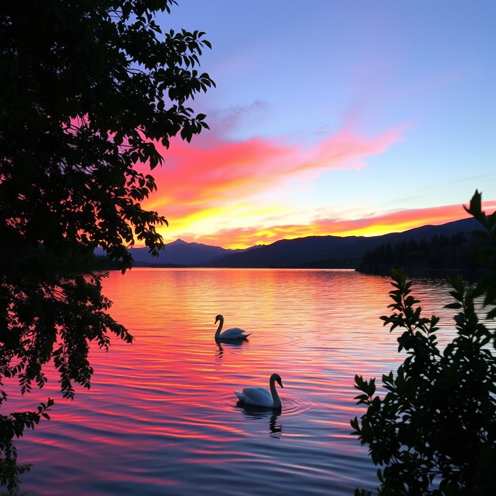 A serene scene of a calm body of water reflecting the vibrant colors of a sunset sky, with gentle ripples on the surface
