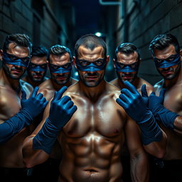 Un grupo de ladrones, hombres fuertes con ojos azules intensos, todos sin camiseta, reflejando una actitud desafiante y decidida