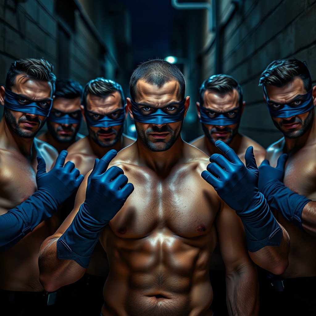 Un grupo de ladrones, hombres fuertes con ojos azules intensos, todos sin camiseta, reflejando una actitud desafiante y decidida